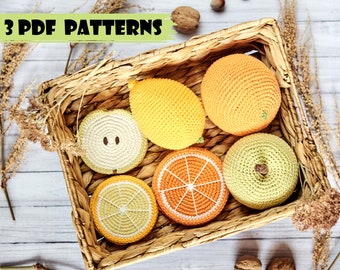 PDF Pattern: Crochet Fruit & Citrus with Slices. Amigurumi Lemon, Orange, Apple (English tutorial)