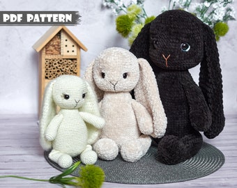 Amigurumi PATTERN bunnies. Crochet pattern bunny. Toy amigurumi rabbit. Crochet hare. Handmade black bunny. Plush animal toys. Easter bunny