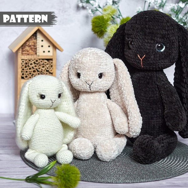 Amigurumi PATTERN bunnies. Crochet pattern bunny. Toy amigurumi rabbit. Crochet hare. Handmade black bunny. Plush animal toys. Easter bunny