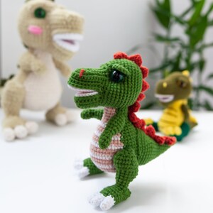 May include: Three crocheted dinosaur toys. One is green with red accents and pink stripes, one is beige with pink accents, and one is yellow with green accents.
