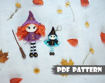 Witch PATTERN Amigurumi witch keycain. Crochet pattern halloween doll. Crochet witch pattern. Handmade witch with broom. Sorceress. Key ring