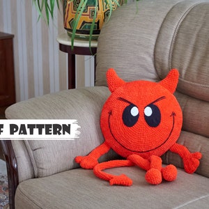 Crochet PATTERN devil&#39;s pillow. Crochet pillow devil. Handmade emoticon devil toy. Decorative pillow diy. Cushion for children&#39;s room. Squab