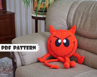 PDF Pattern: Crochet Devil Pillow. Handmade emoticon toy. Cushion for children room. English tutorial