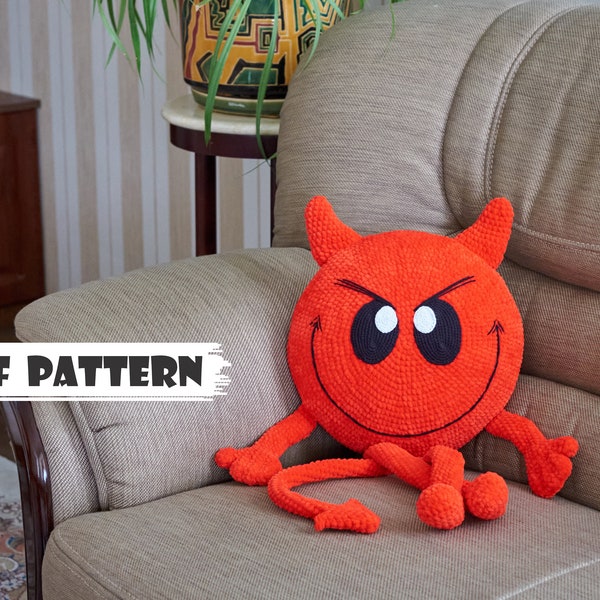 Crochet PATTERN devil's pillow. Crochet pillow devil. Handmade emoticon devil toy. Decorative pillow diy. Cushion for children's room. Squab