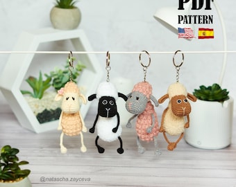Crochet PATTERN Keychain Sheep. Amigurumi lamb. Ewe key chain toy Tutorial Handmade jumbuck key ring sheep PDF English & Spanish pattern ram