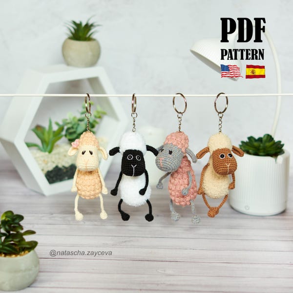 PDF Crochet Pattern Sheep Keychain. Amigurumi keyring Lamb Animal Toy (English & Spanish tutorial)