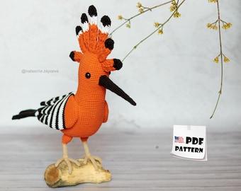 PDF Pattern: Crochet Hoopoe Toy. Amigurumi Handmade Bird (English tutorial)