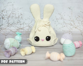 Crochet PATTERN Easter bunny bag with candies and eggs Amigurumi pattern Handmade Easter decoration Easter egg pouch Toy playing bag for kid