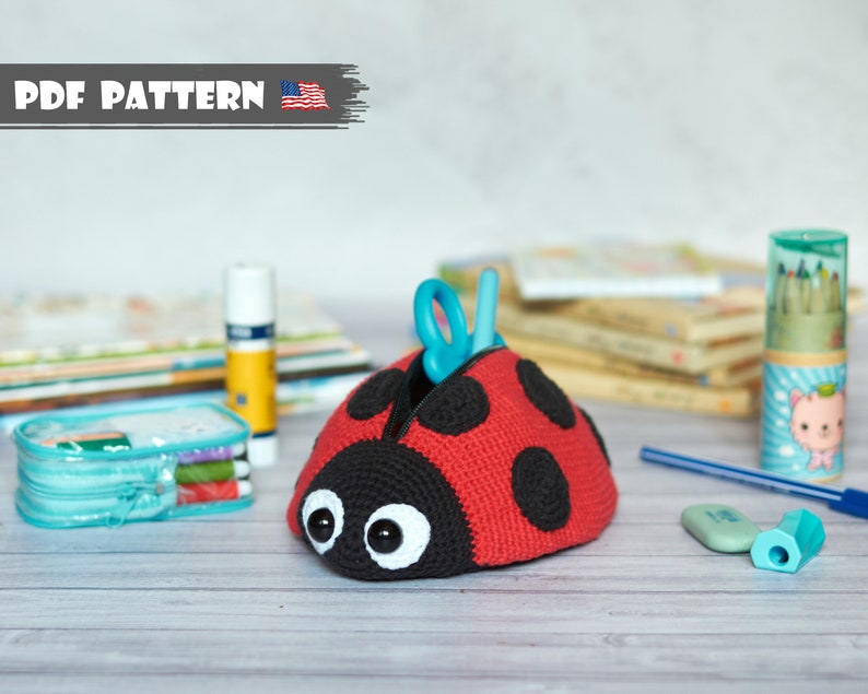 Ladybug Pencil Case crochet pattern listing photo by aNZeesCraft