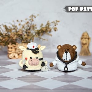 Crochet PATTERN the Bear doctor and Cow nurse. Amigurumi pattern doctors. Profession toy Bear in medical gown Cow with thermometer and flask