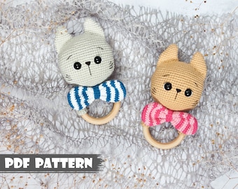 Baby rattle PATTERN crochet kitten. Amigurumi baby rattle cat. Wooden ring toy for newborn. Handmade rattle rodent. Newborn teether rattle