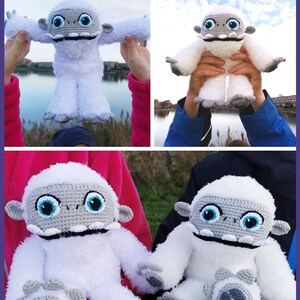 May include: Two white crocheted Yeti plush toys with gray faces and blue eyes. The Yeti toys are being held by two people. The image is captioned "@cute_knitted_toys_by_ina".