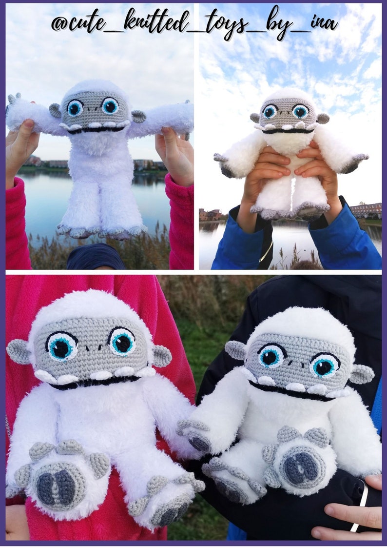 May include: Two white crocheted Yeti plush toys with gray faces and blue eyes. The Yeti toys are being held by two people. The image is captioned "@cute_knitted_toys_by_ina".