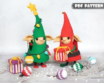 Crochet PATTERNs Christmas elf and christmas decorations. Christmas balls and gift box. Amigurumi pattern elf with x-mas tree. New year gift