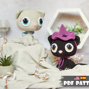 Crochet PATTERN / Patrón de Crochet cat in a witch hat. Amigurumi pattern kitten. Toy PDF pattern. Halloween tutorial little sitting kitty