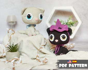 PDF Pattern: Crochet Cat in Witch Hat. Halloween Amigurumi Kitten (English & Spanish tutorial)