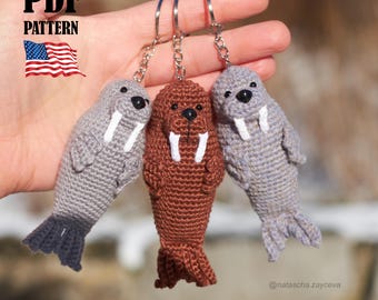 PDF Crochet PATTERN Walrus Keychain. Amigurumi sea cow. Keyring large marine mammal (English tutorial)
