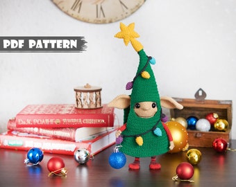PDF Pattern: Crochet Christmas Elf. Amigurumi Gnome with X-mas Tree light (English tutorial)