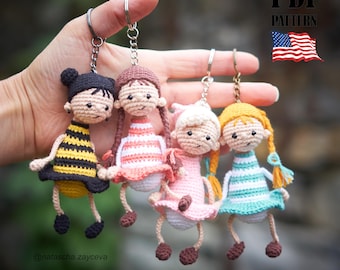 PDF Pattern: Crochet Doll Keychain. Amigurumi Girl Keyring With