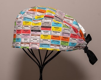 Unisex/Men's Drug Labels Surgical Cap with Tie Back, All Cotton/Bonnet ou Chapeau de chirurgie avec attaches à l'arrière