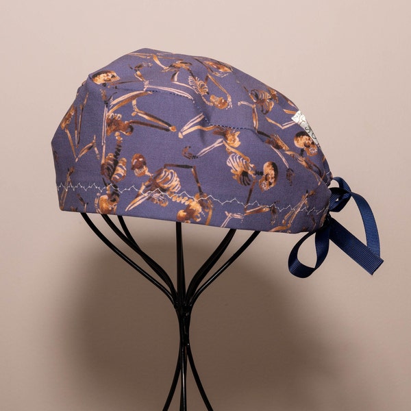 Unisex/Men's Navy Skeletons Scrub Hat or Surgical Cap with Tie Back, All Cotton/Bonnet ou Chapeau de chirurgie avec attaches à l'arrière