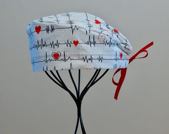 Gorro quirúrgico de corazón EKG unisex/para hombre con lazo trasero, todo algodón/bonnet ou Chapeau de chirurgie avec adjuntos à l'arrière