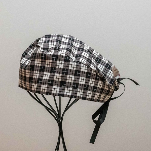 Unisex/Men's Black & White Plaid Surgical Cap with Tie Back, All Cotton/Bonnet ou Chapeau de chirurgie avec attaches à l'arrière