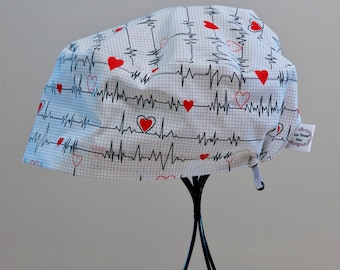 Gorro quirúrgico o gorro quirúrgico con cierre de corazón EKG para mujer, totalmente de algodón/gorra o sombrero de cirugía ajustable a la espalda