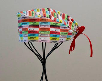 Unisex/Men's Drug Labels Surgical Cap with Tie Back, All Cotton/Bonnet ou Chapeau de chirurgie avec attaches à l'arrière