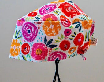 Women’s Fuschia & Orange Floral Toggle-Back Scrub Hat or Surgical Cap  All Cotton/Bonnet ou Chapeau de chirurgie ajustable à l'arrière