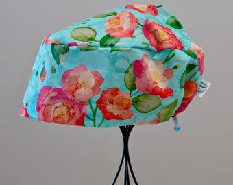 Women’s  Turquoise and Pink Floral Toggle-Back Scrub Hat or Surgical Cap All Cotton/ Chapeau de chirurgie ajustable à l'arrière