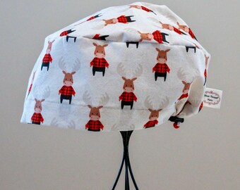 Women’s Moose in Plaid Toggle-Back Scrub Hat or Surgical Cap  All Cotton/Bonnet ou Chapeau de chirurgie ajustable à l'arrière