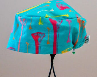 Women’s Long Bones on Turquoise Toggle-Back Scrub Hat or Surgical Cap  All Cotton/Bonnet ou Chapeau de chirurgie ajustable à l'arrière