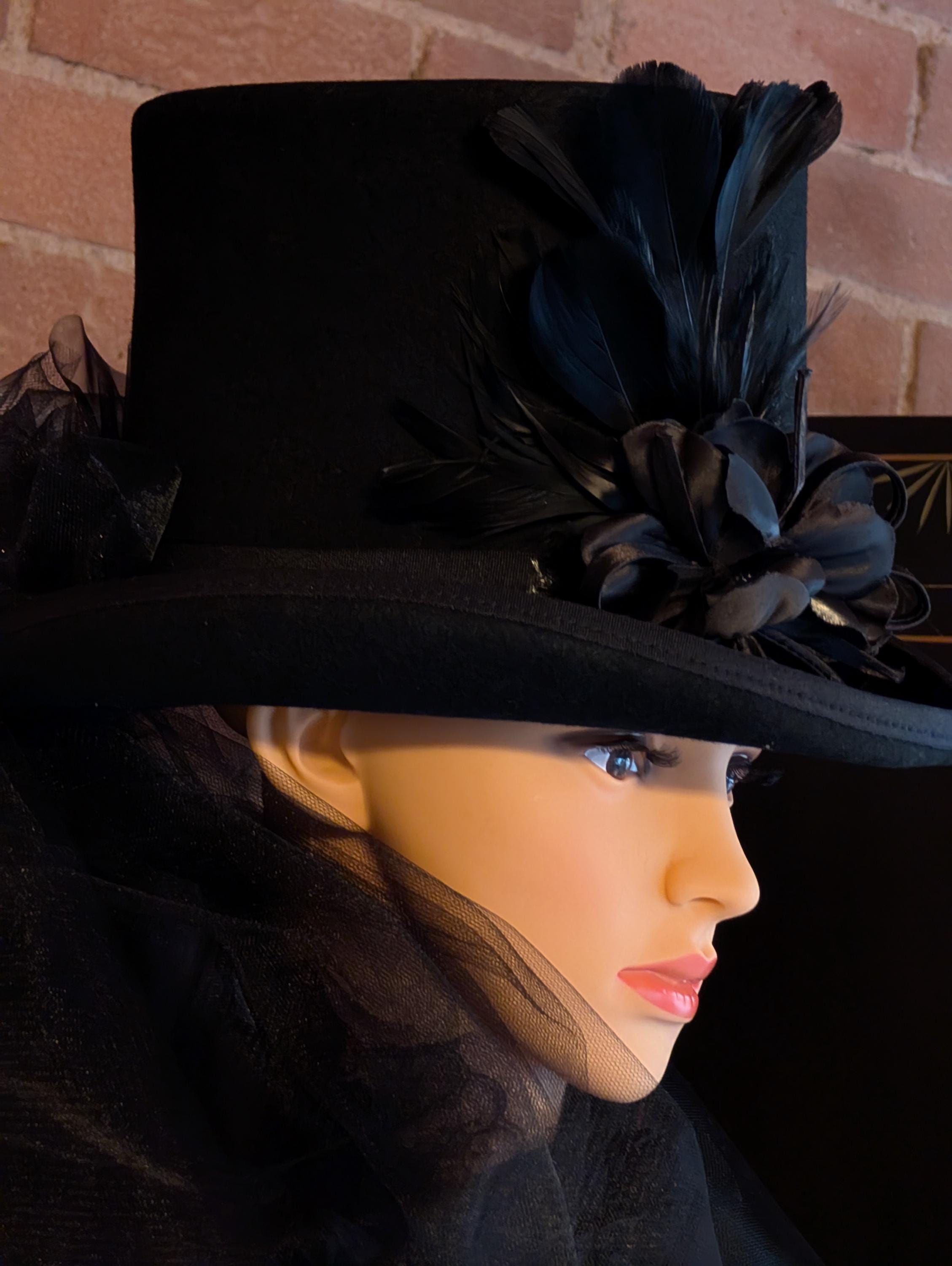 Scala Collezione Black Felt Mini Top Hat Fascinator with Feathers: “Stevie Nicks Stevie Nicks Inspired Top Hat 100% Wool Black Red WILD HEART  main image 4