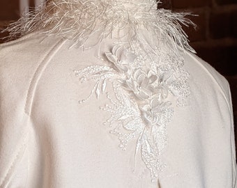 Victorian wedding jacket, couture frock, bridal coat, warm bridal jacket, hand sewn appliques, pearls, eyelash lace ,romantic wedding coat