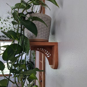 Pode incluir: Uma planta em vaso com folhas verdes est&aacute; em uma prateleira de madeira com um design esculpido decorativo. A prateleira est&aacute; montada em uma parede branca.