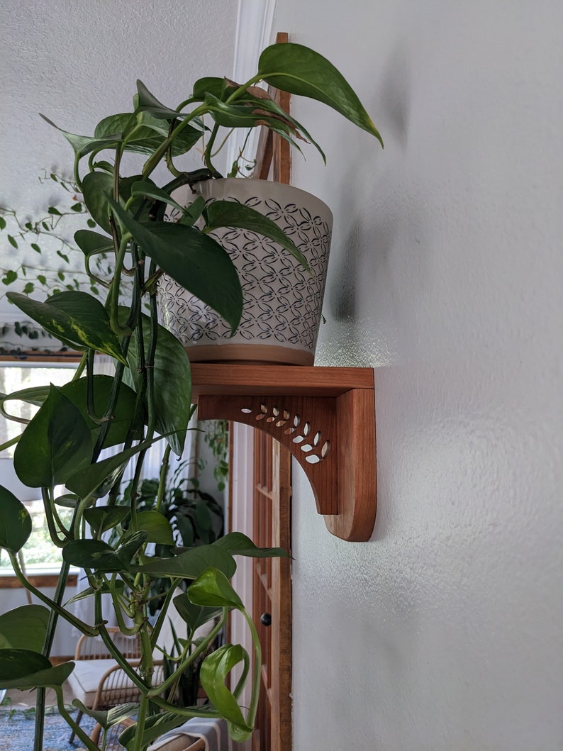 Pode incluir: Uma planta em vaso com folhas verdes est&aacute; em uma prateleira de madeira com um design esculpido decorativo. A prateleira est&aacute; montada em uma parede branca.