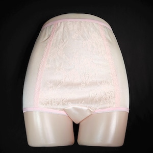 Size 7/8 Silky Semi Sheer Peach Pink Vintage Nylon Granny Panties with Lace Center