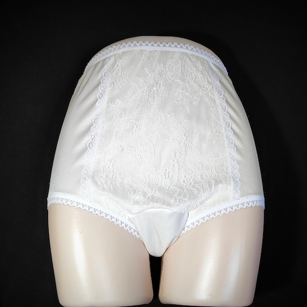 Vintage Panties - Lovely Soft Semi Sheer Shiny White Vintage Granny Panties with Lace Center Size 9