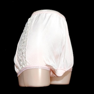 Size 11 Shiny Silky Pink Vintage Granny Panties with Embroidered Lace Sides