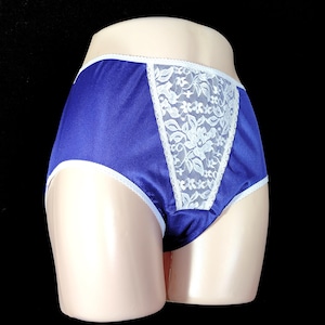 Size 7+ Shiny Dark Blue Vintage Nylon Briefs Panties with Lace