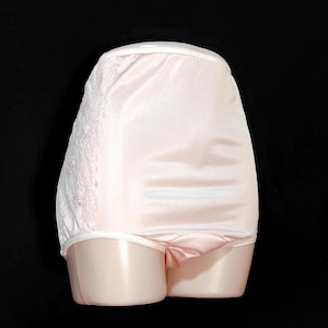 Size 10/11 Soft Shiny Pink Vintage Nylon Granny Panties with Embroidered Lace Sides