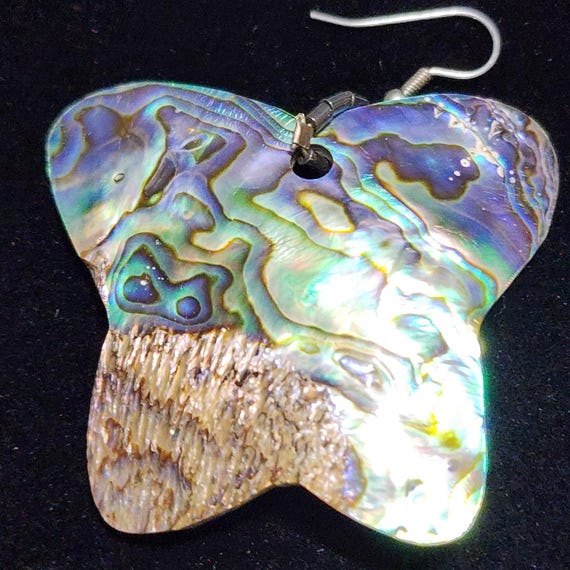 Large Abalone Shell Butterfly Dangle Earrings Blu… - image 2