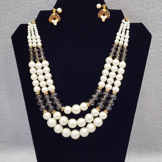 Kenneth Jay Lane Three Strand Faux Pearl Brown Cr… - image 1