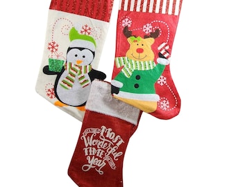 Felt Stocking (x3) Penguin, Moose, Most Wonderful Time Greenbrier Int'l Vintage