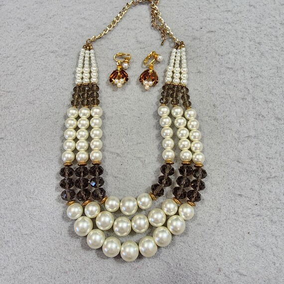 Kenneth Jay Lane Three Strand Faux Pearl Brown Cr… - image 2