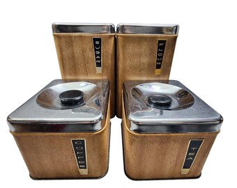 Juego de 4 botes cromados para harina, azúcar, té y café, vintage Lincoln Beautyware, años 70