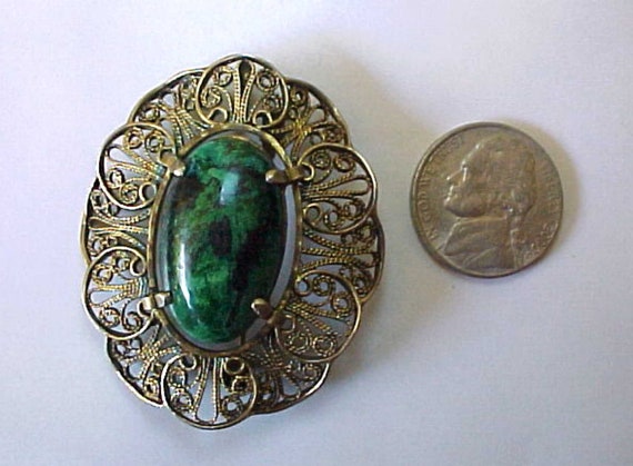 Large Vintage filigreed Silver and Green Blue Tur… - image 1
