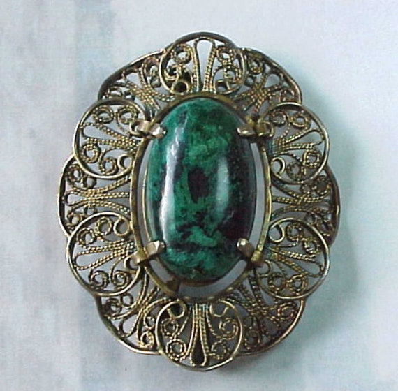 Large Vintage filigreed Silver and Green Blue Tur… - image 2