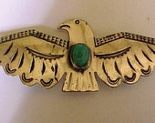 Ornate Vintage Native American Unsigned Artist Silver and Turquioise 3 Inch Thunderbird Pin Brooch
